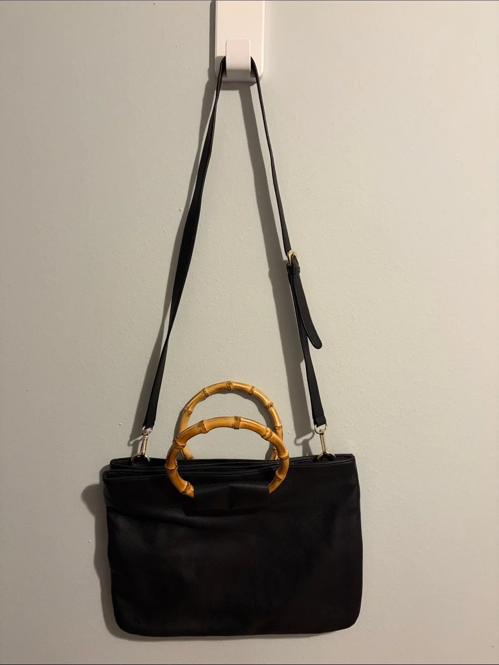 Talbots Black Leather Shoulder Bag with Bamboo Ring Handles